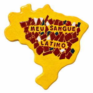 Plaquinha Mapa do Brasil Cerâmica Fria Artesanal Decorativa "Meu Sangue Latino" Mosaico